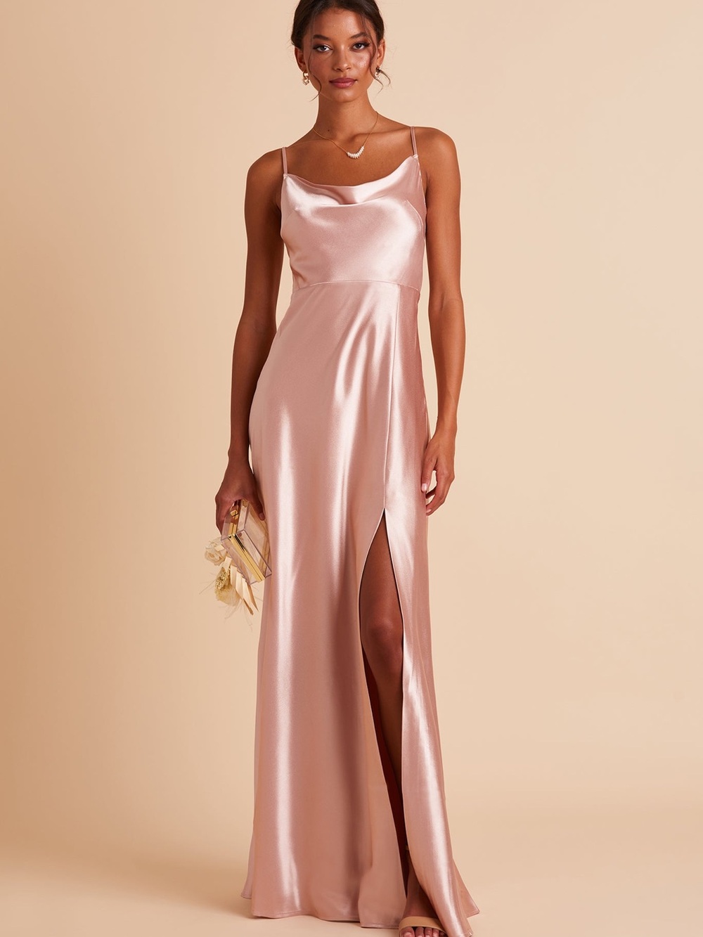Birdy Grey Lisa Dress Shiny Satin Rose Gold Satin Maxi Dress